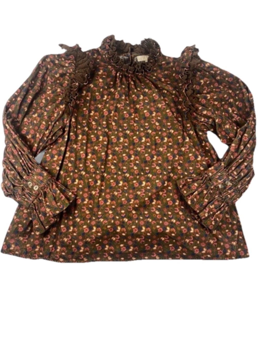 ByTimo Women’s Floral Ruffle Long Sleeve Blouse Brown 100% Cotton Size Medium - Picture 1 of 10
